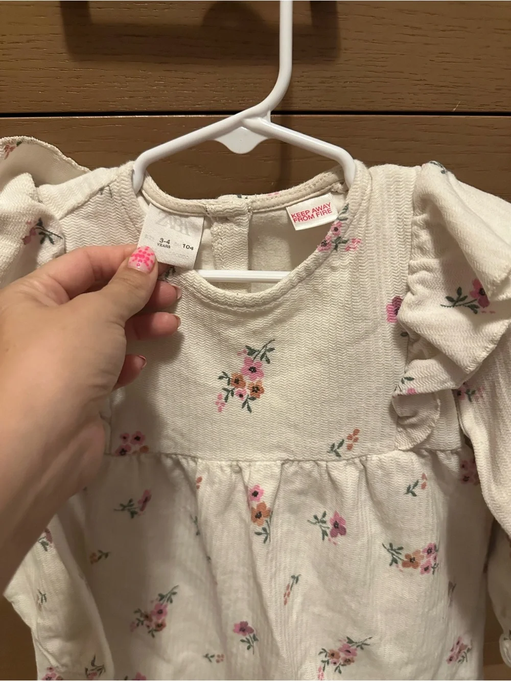 Zara Cream Dress with Pink Floral Print and Ruffle Shoulders